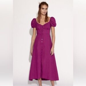 Zara Linen Cotton Milkmaid Buttoned Midi Dress  Puff Sleeve Slit Magenta XS